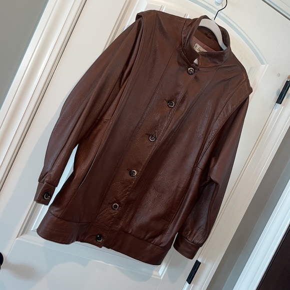 VINTAGE dark brown leather bomber jacket coat button up XL USA unisex - Picture 12 of 13